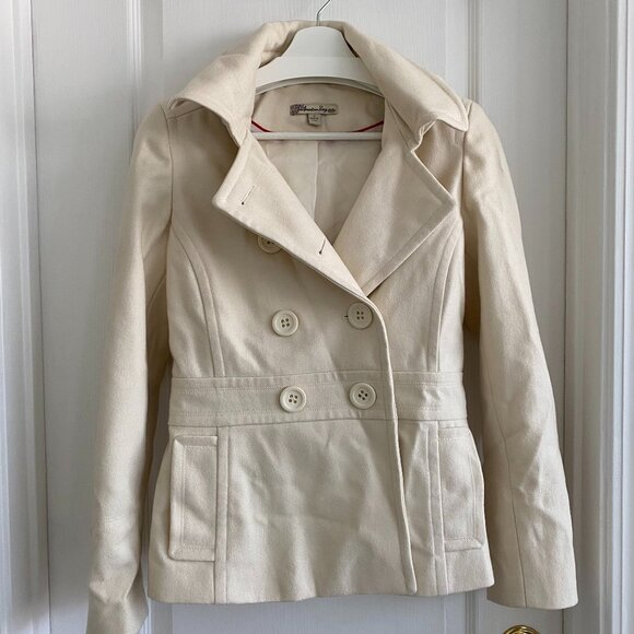 Ivory Double-Breasted Pea Coat with Flattering Shape and Removable Hood - Size S - Picture 1 of 9